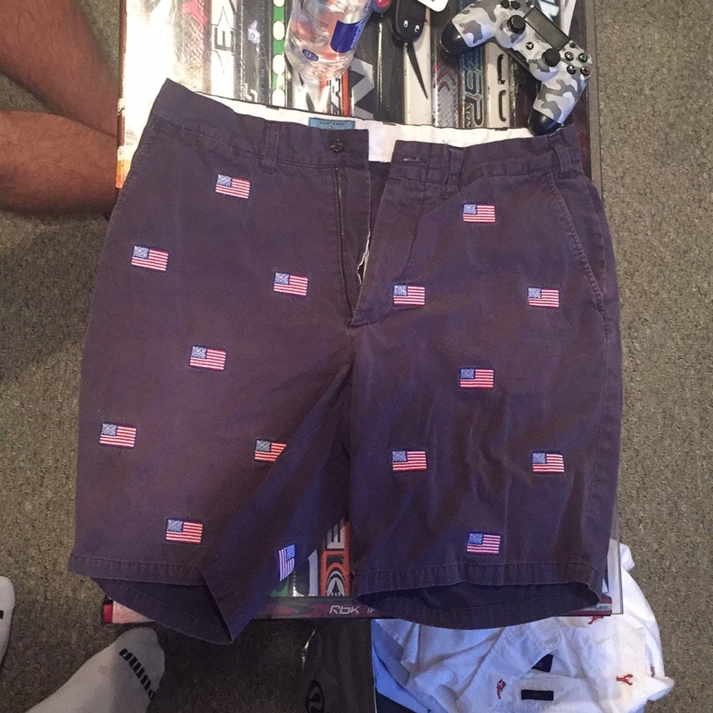 American flag stitched khaki shorts